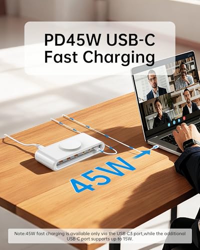 USB C Charging Station with 10W Wireless Charger, 145W USB C Charger Block with with 5FT Extension Cord, 7-in-1 Multi USB Charging Station for Home Office
