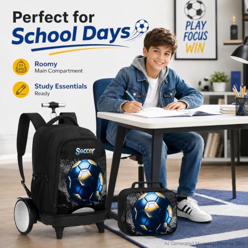 gxtvo Large Wheels & Quiet Glide | Rolling Backpack for Kids - Water-Resistant Wheeled Bag with Lunch Box for School, Travel & Outings - Black Gold Soccer - color: Rolling Backpack Gold Soccer Black