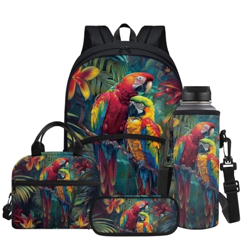 Tropical Parrot Print School Backpack for Kids Boys Book Bag Set with Lunch Box & Pencil Case & Water Bottle Sleeve, Bagpack Teen Student Back Packs Satchel Travel Daypack - color: Tropical Parrot