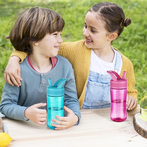14oz Clear Kids Water Bottle with Straw Lid, BPA-Free Tritan, Measurement Scale, Sturdy Handle Wide Mouth Leak-proof Reusable Plastic Bottle for Boy& Girls, Back to School(Rose) - color: Rose