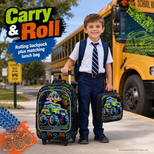 AGSDON 3PCS Rolling Backpack for Girls and Boys, Kids Roller Wheels Bookbag, Wheeled Elementary School Bag with Lunch Bag - color: Truck Roll