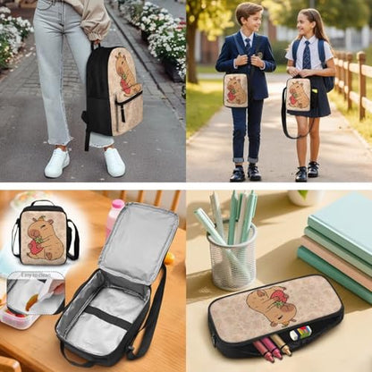 BIGCARJOB Capybara School Bags Set for Kids Girls Large Backpack Back to School Bookbags Set with Lunch Box and Pencil HolderTeens College Student Casual Daypack - color: Capybara Print, size: One Size