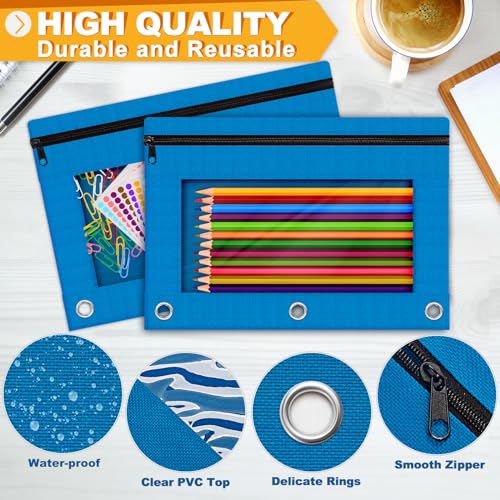 Pencil Pouch for 3 Ring Binder, 2 Pack Pencil Bags with Zipper, Blue Pencil Case for Classroom School Office Supplies, Large Sturdy and Durable Cloth Pencil Pocket for 3 Holder Binder - color: Blue