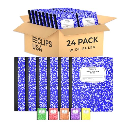 Composition Notebook Wide Ruled Composition Notebooks Bulk Blue Marble Hard Cover Wide Ruled Notebook Paper Note Books For Schools Marble Composition Books 100 Sheets 200 Pages 9.75” x 7.25” (24 Pack Blue) - color: Blue, size: 24 Pack