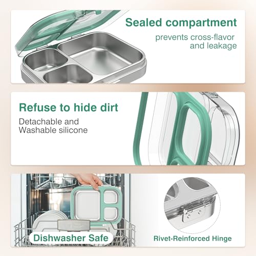 HOMEKOL Stainless Steel Bento Lunch Box, Green, 3.3Cups | 3-Compartment,Leak-Proof, for Kids & Adults, BPA-Free, Dishwasher Safe, Clear Tritan Lid, 800ml (Not Insulated) - color: Green, size: 27oz (800ml)