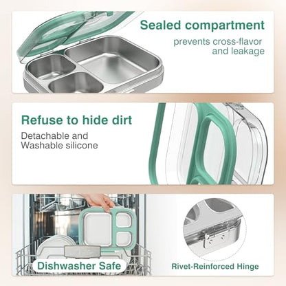 HOMEKOL Stainless Steel Bento Lunch Box, Green, 3.3Cups | 3-Compartment,Leak-Proof, for Kids & Adults, BPA-Free, Dishwasher Safe, Clear Tritan Lid, 800ml (Not Insulated) - color: Green, size: 27oz (800ml)