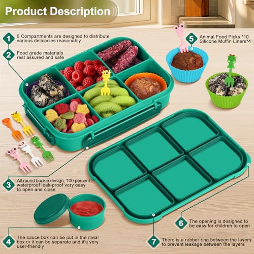 Amathley Lunch Box Kids Girls Boys,Bento Box Adult,Toddler Lunch Containers for School,Leakproof Snack Containers with 6 Compartments,Sauce Container,10 Food Picks and 4 Muffin Cups (Green) - color: Green
