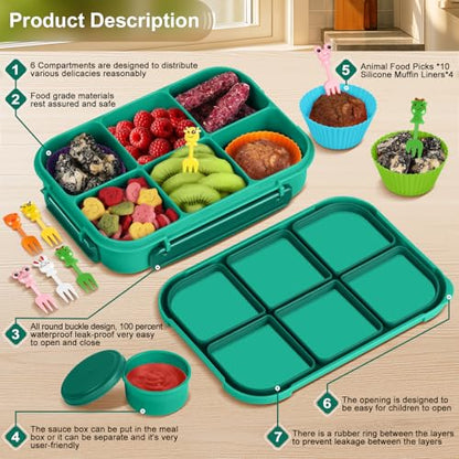 Amathley Lunch Box Kids Girls Boys,Bento Box Adult,Toddler Lunch Containers for School,Leakproof Snack Containers with 6 Compartments,Sauce Container,10 Food Picks and 4 Muffin Cups (Green) - color: Green