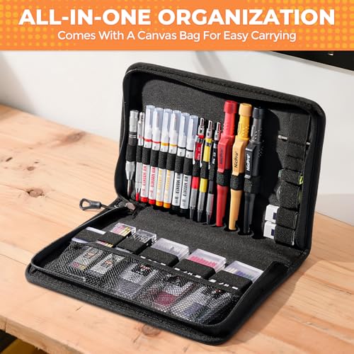 Nicpro 38Pcs Carpenter Pencil with Sharpener, Carpenter Tool in Canvas Case | 102 Refill,Carpenter Pencil Set with 6 Deep Hole Long Nib Marker Pen, Scribe Tool, Construction Pencils for Architect Marking - size: 38 Pack