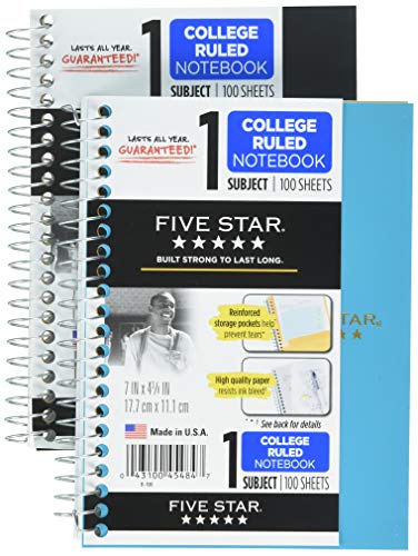 Mead Five Star Spiral Notebooks, 1 Subject, College Ruled Paper, 100 Sheets, 7 x 4-3/8", Personal Size, Colors Selected For You, 2 Pack (73707)