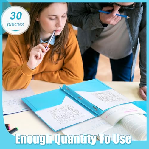 Yeaqee 30 Pcs Plastic Folders with Pockets and Prongs Plastic Folder 2 Pockets 3 Prongs with Card Slot for Office, School for Students, Teachers, Office Workers (Light Blue) - color: Light Blue