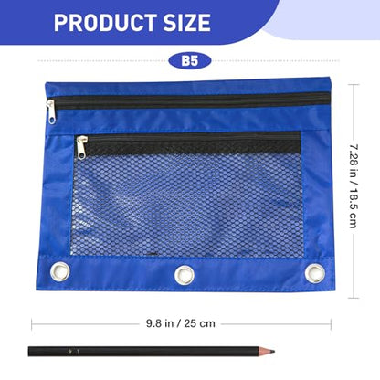 Pencil Pouch for 3 Ring Binder - 3 Hole Zipper Pen Case Bag Holder Bulk Accessories Clear Window Aesthetic Organizer Pockets - color: Blue
