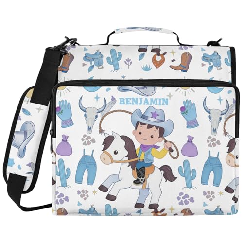 Cute Cowboy Wild West Blue 3 Ring Zipper Binder Bag with Strap, Personalized Name Trapper Keeper Binder - 2" Binder with Pockets Holds 500 Sheets, Laptop & More - Durable & Easy to Carry - color: Option N