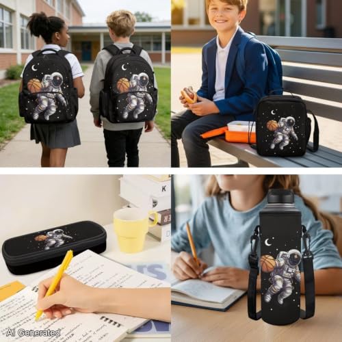 Basketball Astronaut Backpack for Boys Girls Backpack with Lunch Box Water Bottle Holder and Soft Pencil Case Kids 4PCS Set Bookbag with Front Pocket for School 17 inch Sturdy School Bag - color: Basketball Astronaut