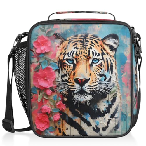 Graffiti Tiger Boys Lunch Box for School Insulated Kids Lunch Box Reusable Leakproof Lunch Bag Thermal Cooler Tote Picnic Lunchbox with Adjustable Shoulder Strap Back to School Gifts for Teens Boys - color: Tiger Flowers