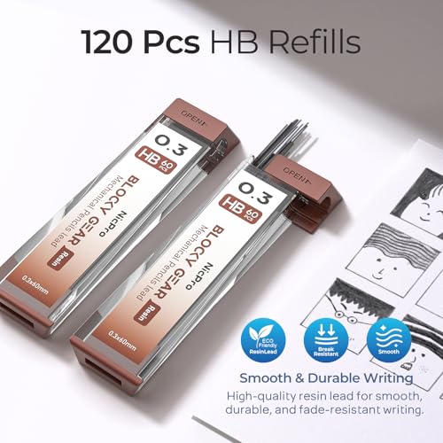 Nicpro Blocky Gear 0.3 mm Mechanical Pencils Set in Case | Metal Pencil with 120 PCS Lead Refills, Eraser for Professional & Adult Art Writing Drafting Drawing - size: 0.3 mm