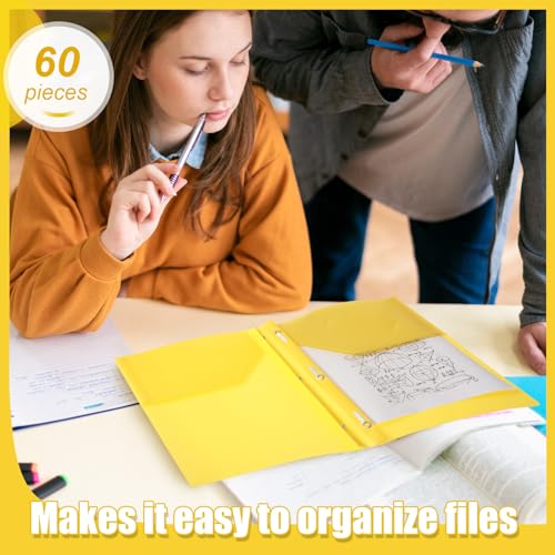 Yeaqee 60 Pcs Plastic Folders with Pockets and Prongs Plastic Folder 2 Pockets 3 Prongs with Card Slot for Office, School for Students, Teachers, Office Workers (Yellow) - color: Yellow