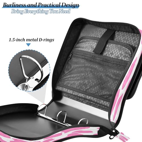 3 Ring Zipper Binder Pink Cow Print Binder Organizer Portfolio with File and Shoulder Strap & Handle Large Capacity File Folder - color: Pink Cow Print