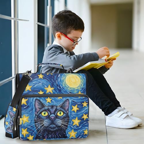 Starry Night Cat Zipper Binder with Shoulder Strap, 500 Sheets Capacity, Multiple Pockets 1.5Inch 3 Ring Zipper Binder - color: Starry Night Cat