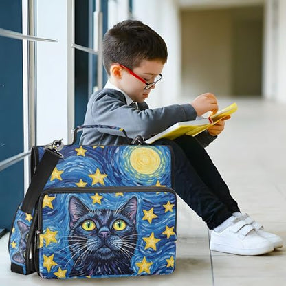 Starry Night Cat Zipper Binder with Shoulder Strap, 500 Sheets Capacity, Multiple Pockets 1.5Inch 3 Ring Zipper Binder - color: Starry Night Cat