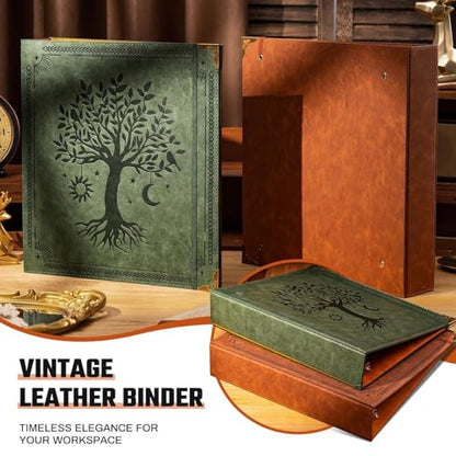 Ovesmusl Leather D Ring Binder Fits 8.5"x11" Letter Size Paper, 2 Inch D-Ring Binders Holds 550 Sheets, Notepad Paper Cover Loose Leaf Organizer with Inner Pockets, Green Tree - color: Green, size: 2 inch, style: 1 Pack