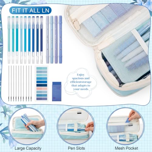 Eersida 74 Pcs Aesthetic School Supplies with Large Pencil Pouch 5 Ink Gel Pens 12 Highlighters 6 Mechanical Pencils 0.5mm 9 Color Pens 4 Note Pads Set for Student Stationary (Blue,Cute Style) - color: Blue, style: Cute Style