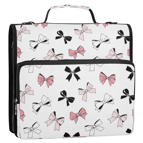 3-Ring Zipper Binder Bag, Bow 13 Inch Laptop Organizer with Shoulder Strap & Handle Multiple Pocket File Folder for School Office