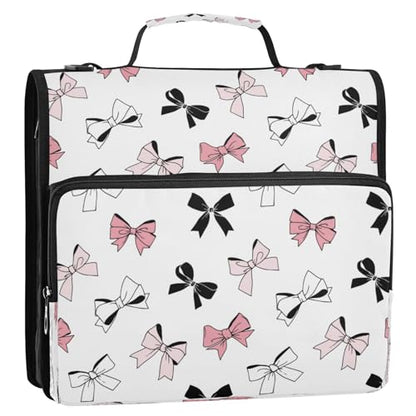 3-Ring Zipper Binder Bag, Bow 13 Inch Laptop Organizer with Shoulder Strap & Handle Multiple Pocket File Folder for School Office