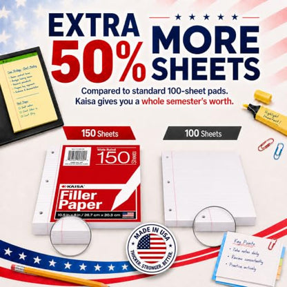 Kaisa loose Leaf Paper Filler Paper 1800 Sheets 8"x10.5",Wide Ruled, 3-Hole Punched for 3-Ring Binders, Carton of 12pack - color: Wide, size: 12pack