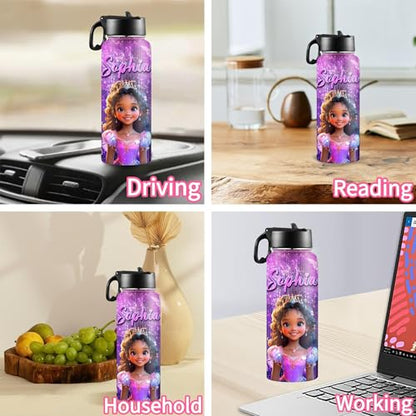 D-Story Custom Water Bottles Back to School Gift for Girls 18Oz Personalized Stainless Steel Insulated Water Bottle with Straw Lid Customized Name Princess Bottles Daughter Birthday Gifts - color: Design 22