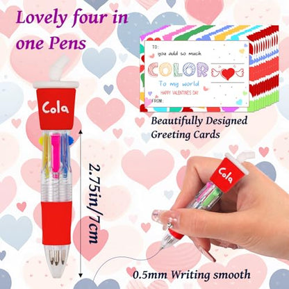 CZWZ 30 Set Cute Multicolor Pens in One 4-in-1 Fun Pens Bulk with 30 Valentines Day Cards for Valentine's Day Party Student Colleagues Greeting Exchange Gift Office School - style: 30Set-Valentine