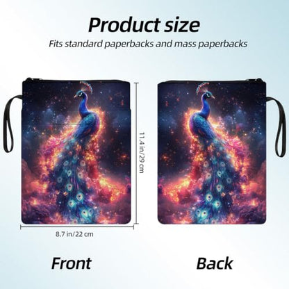 Padded Book Sleeve with Zipper & Front Pocket, Fabric Book Cover | Fantasy Nebula Peacock Bird11.4"x8.7" Washable Canvas Pouch for Hardcovers, Tablets & Reading Accessories - color: Fantasy Nebula Peacock Bird