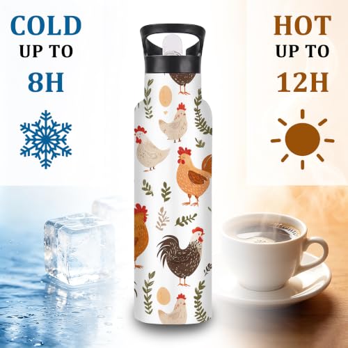 Chicken Farm 20 oz Insulated Water Bottles Rooster Grass Stainless Steel Thermal Bottle Leak Resistant with Straw Twist Cap and Handle for Sports Coffee Mug Cup - color: Chicken Farm,Rooster Grass