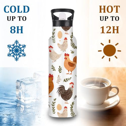 Chicken Farm 20 oz Insulated Water Bottles Rooster Grass Stainless Steel Thermal Bottle Leak Resistant with Straw Twist Cap and Handle for Sports Coffee Mug Cup - color: Chicken Farm,Rooster Grass