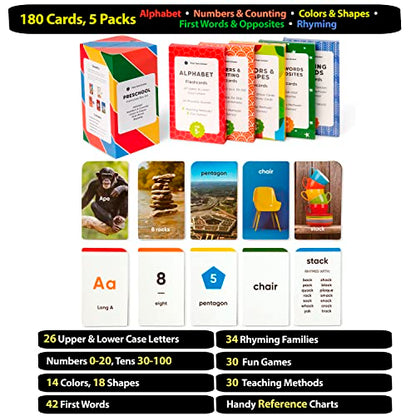 Award-Winning Flash Cards for Preschool & Kindergarten – 5-Deck Set, 180 Jumbo Cards – Learn Alphabet, Numbers, Colors, Shapes, First Words, Opposites & Rhyming – for Kids Ages 3–5