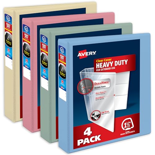 Avery Heavy-Duty View 3 Ring Binders, 1.5 Inch One Touch Slant Rings, 375-Sheet Capacity, Assorted Pastel Colors, 4-Pack (79634) – for School, Office, Teachers, Classrooms & Home Organization - color: Assorted Pastels, size: 1.5"