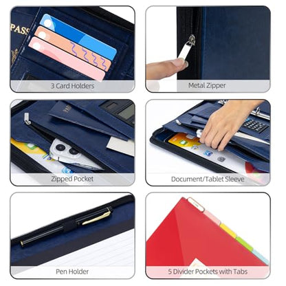 Ospelelf 3 Ring Portfolio Binder with Zipper, Leather Clipboard with Storage, Padfolio Folder for Men, 12.1” Tablet Sleeve, 5 Dividers with Pocket, Refillable Notepad, Card Slot (Navy Bule) - color: Navy Bule