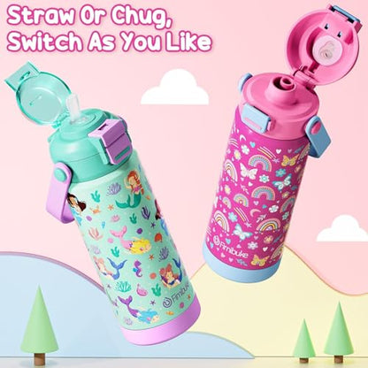Fimibuke 18oz Kids Insulated Water Bottle with 2-in-1 Straw & Spout Lid | Leak Proof 18/8 Stainless Steel Vacuum Tumbler with Pop-Open Lid, BPA-Free Kids Cup for Travel School Girl Boy Toddler 2 Pack - color: A4.Dinosaur+Monster Car, size: 18 Ounces