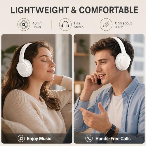 MIDOLA Bluetooth Headphones Over Ear, 68H Playtime Wireless Headphones with Microphone, 6 EQ Modes, HiFi Stereo Deep Bass, Foldable Lightweight Headset for Home Office, Cellphone, PC, White - color: White