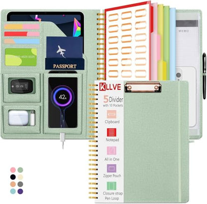 Sauge Foldable Spiral Clipboard Folio with Storage Zipper Pouch, 5 Plastic Folders with Pockets,Refillable Lined Notepad (8.5" x 11"), Hardcover Project Organizer with 36 Stickers - color: 1-sauge