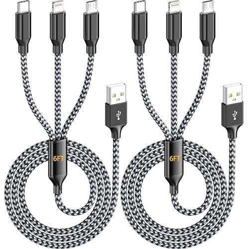 IDISON 3 in 1 Multi Charging Cable 6FT 2Pack, MFi Certified USB A Charger Cord with Lightning USB C Micro USB, Nylon Braided Universal Phone Charger for iPhone iPad Android Tablets Travel - color: Grey/Silver-4ft-3Pack
