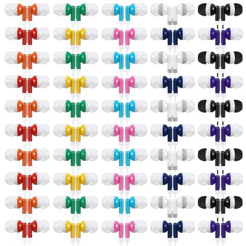 50 Pack Earbud Bulk Headphone for Classroom Earphone Earbud with Wire Individually Bagged Wired in Ear Buds(Multicolor) - color: Multicolor