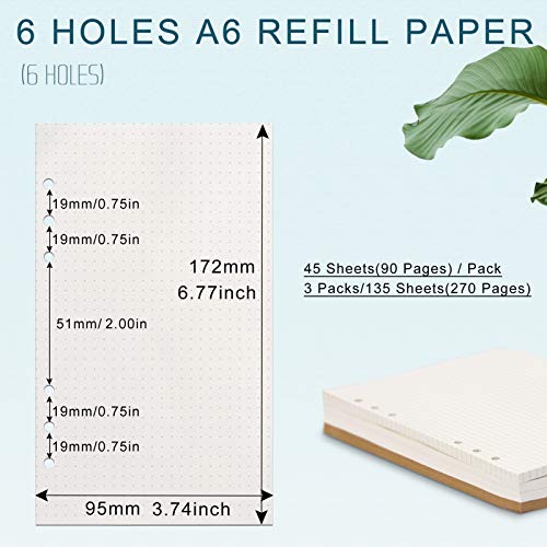 A6 Refill Paper, [3 Pack] Toplive 100GSM Thick Refillable Paper 6 Hole Filler Inserts Loose Leaf Paper 135 Sheets (270 Pages) for 6 Ring Binder Journal Notebook-Dotted Paper - style: Dot 3 Pack
