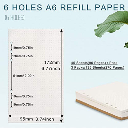 A6 Refill Paper, [3 Pack] Toplive 100GSM Thick Refillable Paper 6 Hole Filler Inserts Loose Leaf Paper 135 Sheets (270 Pages) for 6 Ring Binder Journal Notebook-Dotted Paper - style: Dot 3 Pack