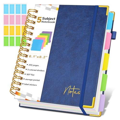 Spiral Notebook Journal with Removable Dividers Tabs, 300 Pages Hardcover Leather 5 Subject College Ruled Notebook, 6.1"x8.2" Large A5 Lined Journal for Women Men Spiral Notebook for Work School,Navy - color: Navy, size: A5