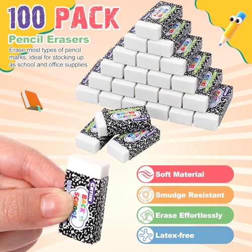 Crtiin 100 Pack Back to School Erasers Bulk End of Year Gifts from Teacher Small White Erasers End of Year Gifts for Students School Classroom Office Graduation Supplies