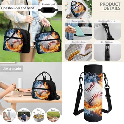 Horeset Baseball Flame Water Backpack for School Boys 3 Pack Casual Bookbags & Water Bottle Sling Bag & Picnic Lunch Bag Primary Middle School Rucksack with Breathable Padded Shoulder Straps - color: Baseball Flame Water