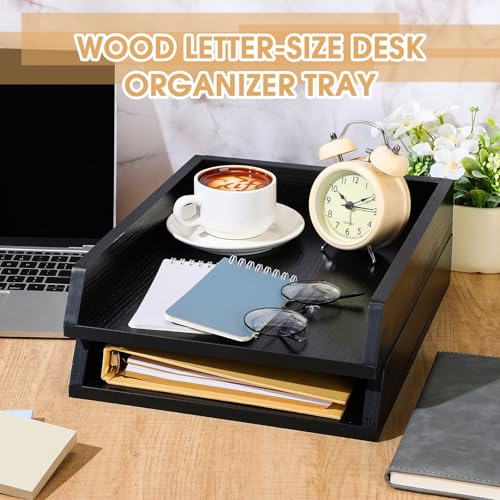 DoubleFill 2 Pcs Wooden Letter Trays 2 Tier Desktop Paper Organizer Wood Letter-Size Desk Document Tray Heavy Duty Stackable Paper Drawer Holder File Folder Back to School Office Home (Black) - color: Black
