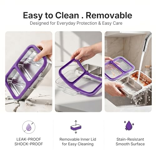 Leak-Resistant 18/8 Stainless Steel Bento Lunch Box Kids 7+ and Adults | 2 Swappable Style Accessories, BPA-Free Tritan Lid, Dishwasher Safe, School, Office & Travel - color: Purple