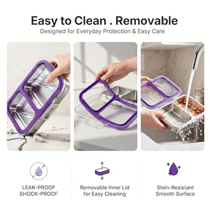 Leak-Resistant 18/8 Stainless Steel Bento Lunch Box Kids 7+ and Adults | 2 Swappable Style Accessories, BPA-Free Tritan Lid, Dishwasher Safe, School, Office & Travel - color: Purple
